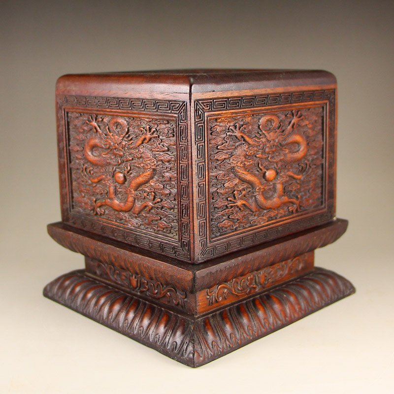 Vintage Chinese Zitan Wood Seal Box w Dragons & Balls (1 of 6)