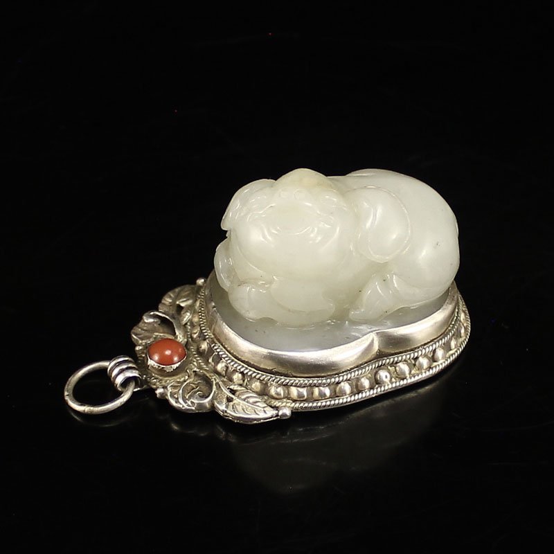 Sterling Silver Inlay Hetian Jade Fortune Pig Pendant (1 of 7)