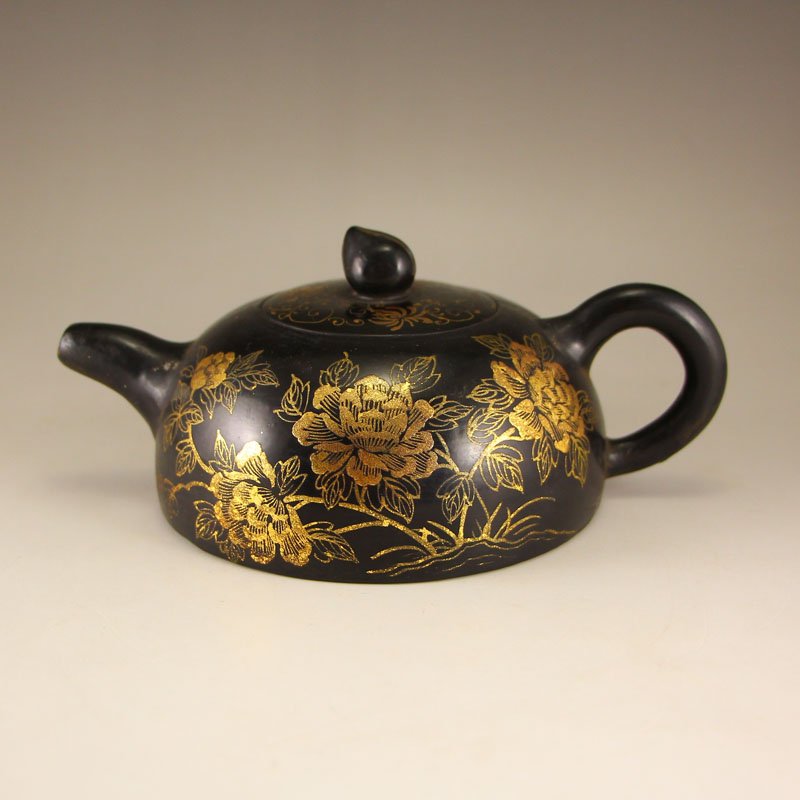 Chinese Qing Dy Gilt God Black Lacquer Zisha Teapot (1 of 6)