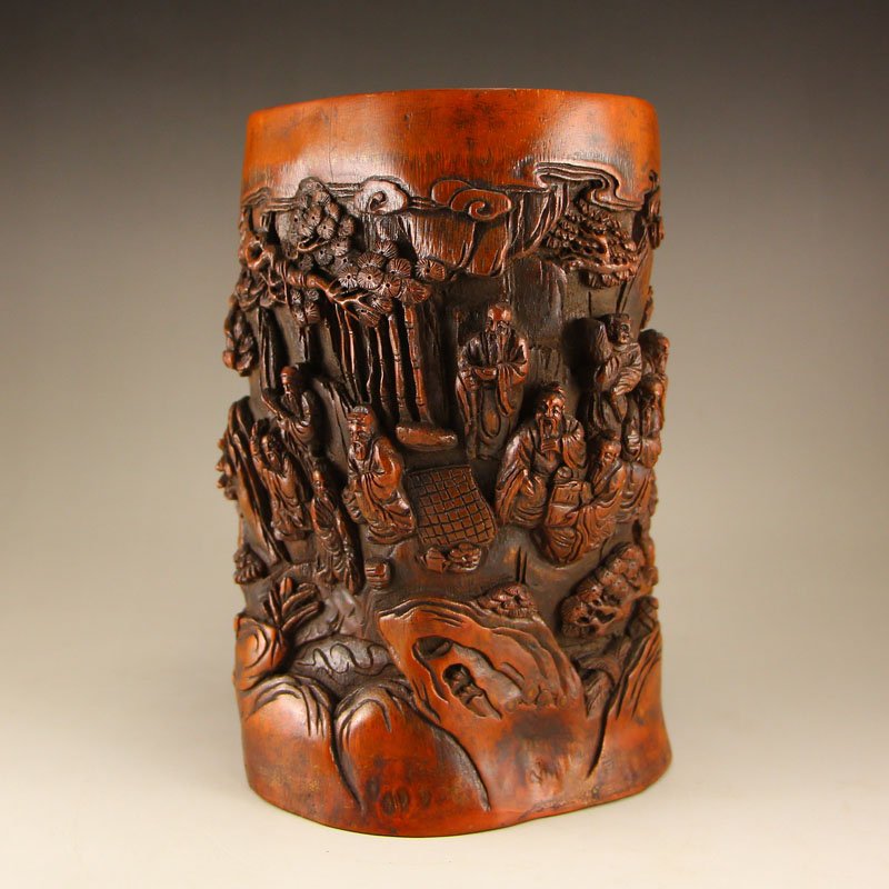 Chinese Qing Dynasty Bamboo Brush Pot w Sage Meeting (1 of 8)