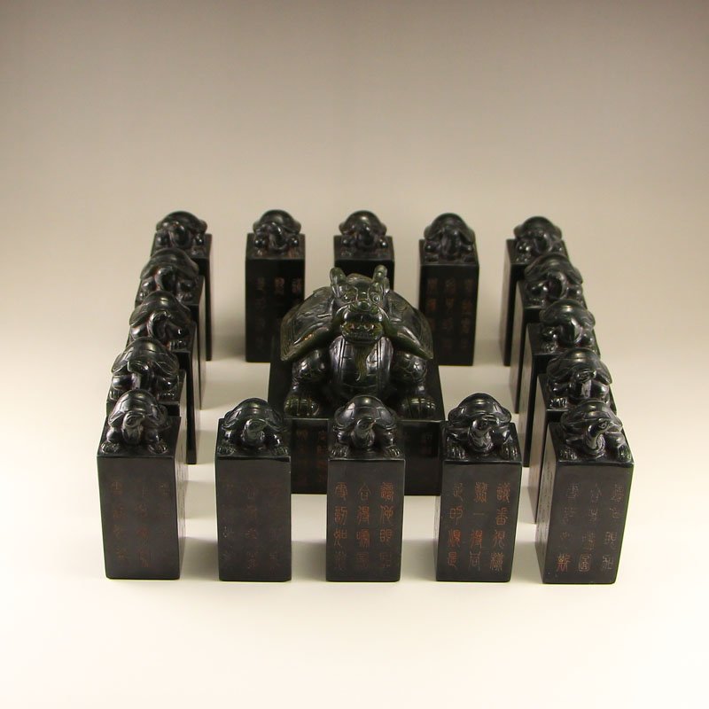 A Set Chinese Green Hetian Jade Dragon Turtle Seals (1 of 10)