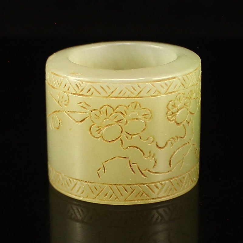 Vintage Chinese Hetian Jade Thumb Ring w Plum Flower (1 of 6)
