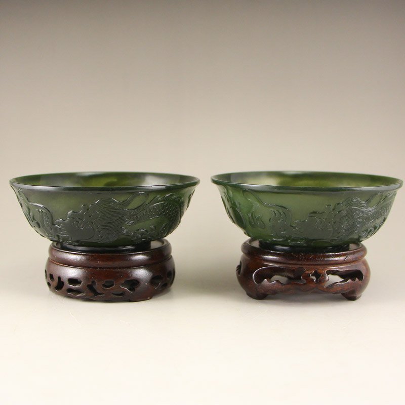 A Pair Chinese Green Hetian Jade Low Relief Bowls (1 of 10)