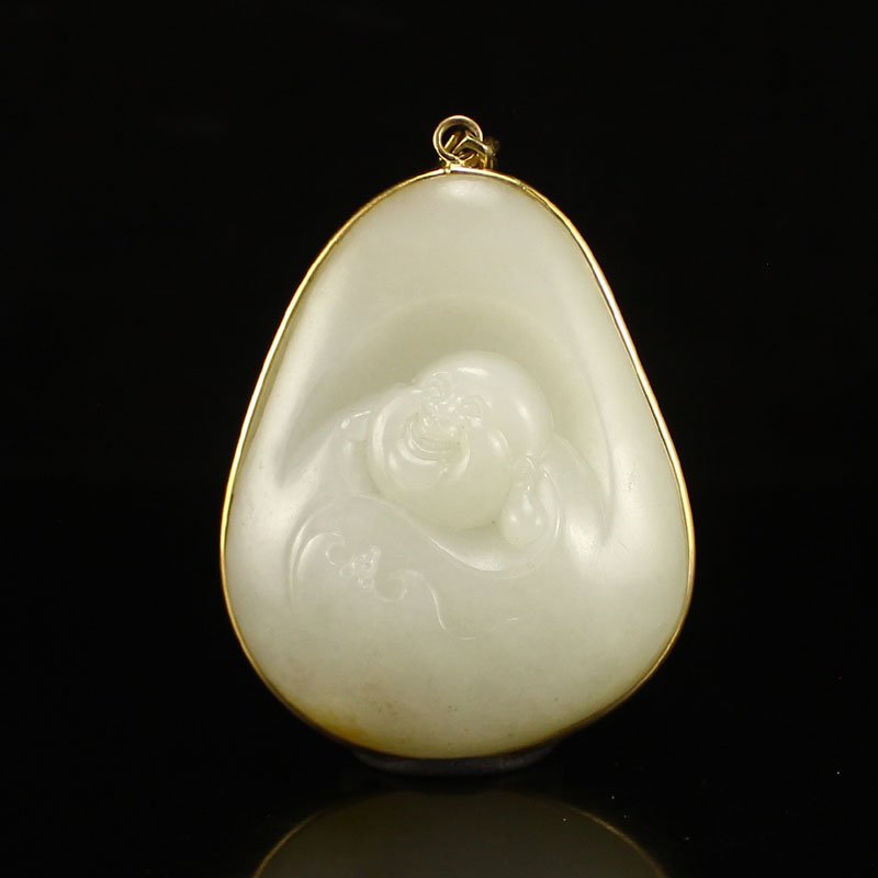 18K Gold Inlay Hetian Jade Laughing Buddha Pendant (1 of 6)