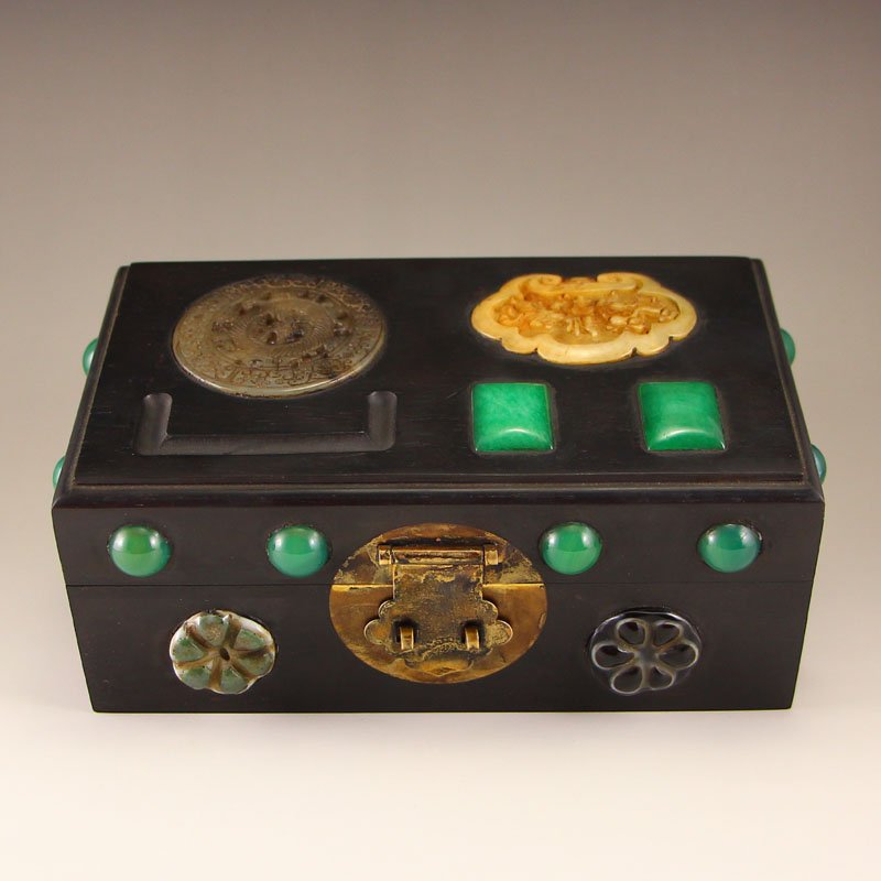 Vintage Chinese Zitan Wood Inlay Natural Jade Jewel Box (1 of 6)