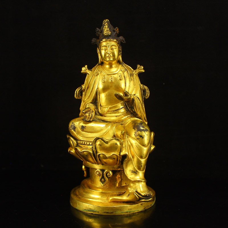 Vintage Chinese Gilt Gold Bronze Kwan-yin Statue (1 of 5)
