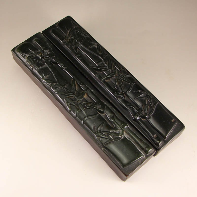 Chinese Zitan Wood Inlay Green Jade Bamboo Paperweights (1 of 6)