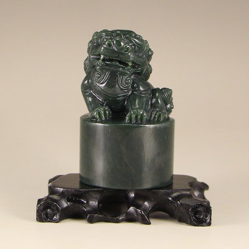 Chinese Natural Green Hetian Jade Foo Dog Seal (1 of 6)
