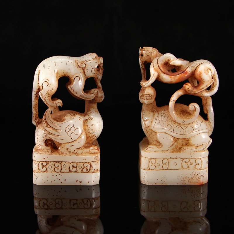 A Pair Chinese Han Dy Hetian Jade Lucky Beasts Seals: 中國漢代 和田玉老玉 青龍白虎朱雀玄武印章 A Pair Chinese Han Dynasty Hetian Jade Lucky 