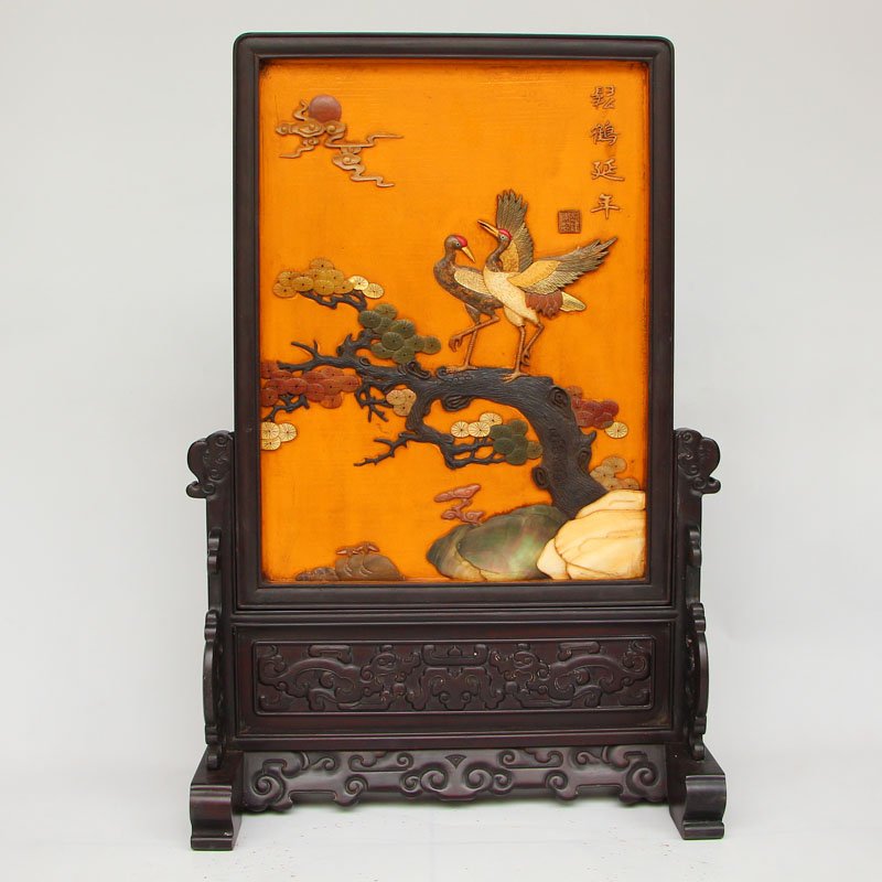 Chinese Qing Dy Zitan Wood Inlay Shells Screen w Cranes (1 of 8)