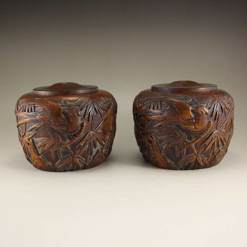 A Pair Vintage Chinese Zitan Wood I-go Pot (1 of 9)