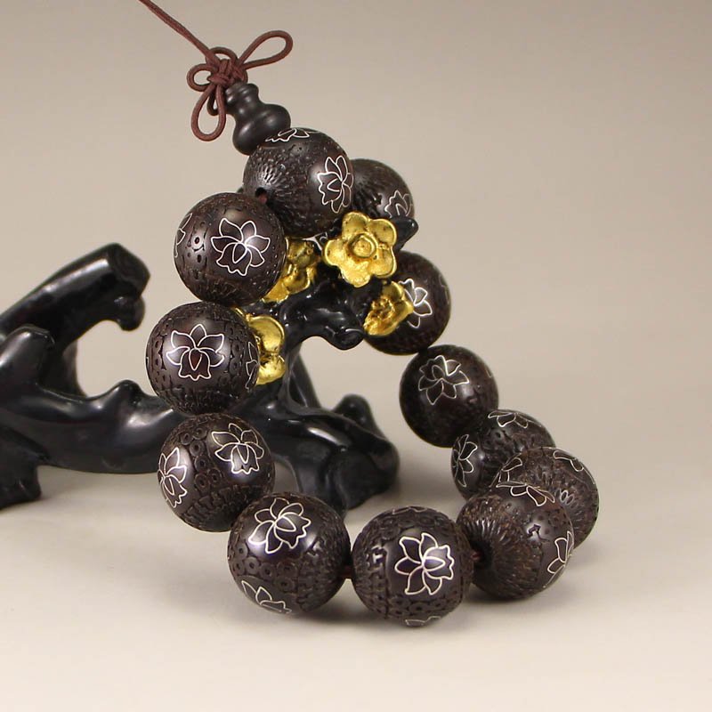 Chinese Zitan Wood Inlay Silver Wire Beads Bracelet (1 of 6)