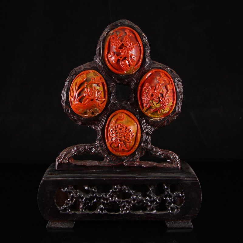 Superb A Set Chinese Natural Zhan Guo Hong Agate Statue: Superb A Set Chinese Natural Zhan Guo Hong Agate Statue - Plum Flower , Orchid , Bamboo ,Chrysanthemum w Certificate Dimension: 240x185x70(mm) 9.45x7.28x2.76(inches) Weight 1.43 lbs/648 g The total we