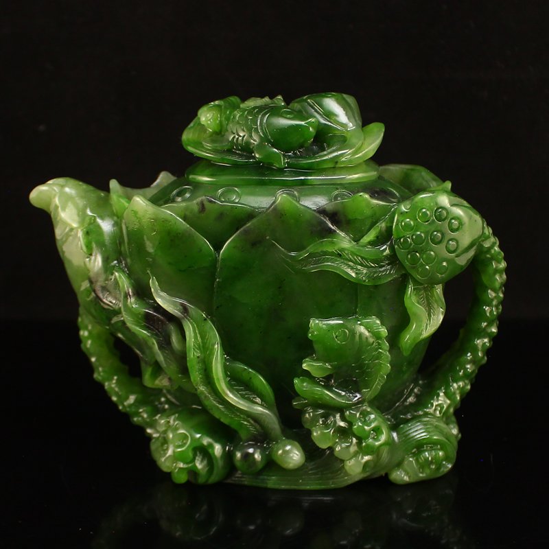 Superb Chinese Green Hetian Jade Teapot w Lotus & Fish (1 of 8)