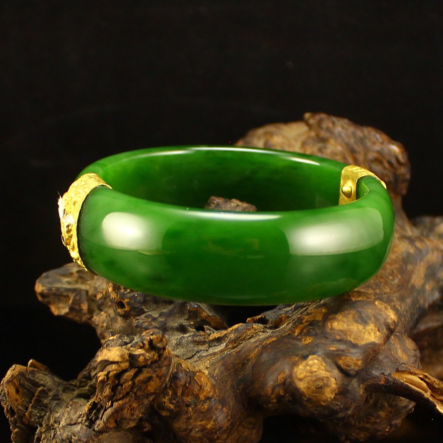18k Gold 61mm Chinese Green Hetian Jade Bracelet (1 of 6)