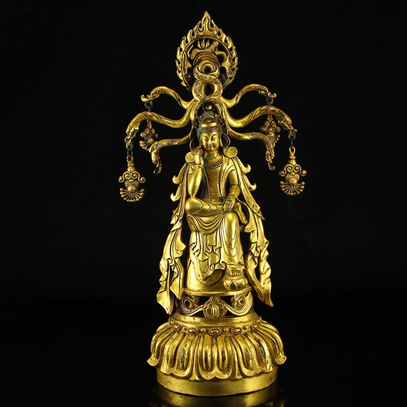 Chinese Bei Wei Gilt Gold Bronze Kwan-yin Statue (1 of 10)