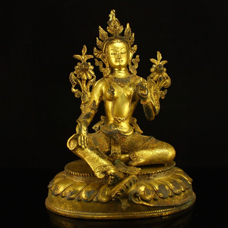 Chinese Ming Dynasty Gilt Gold Bronze Green Tara Statue (1 of 8)