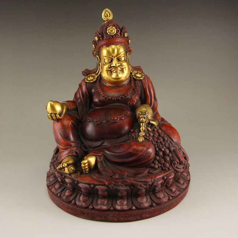 Tibeten Buddhist Gilt Gold Red Copper Jambhala Statue (1 of 8)