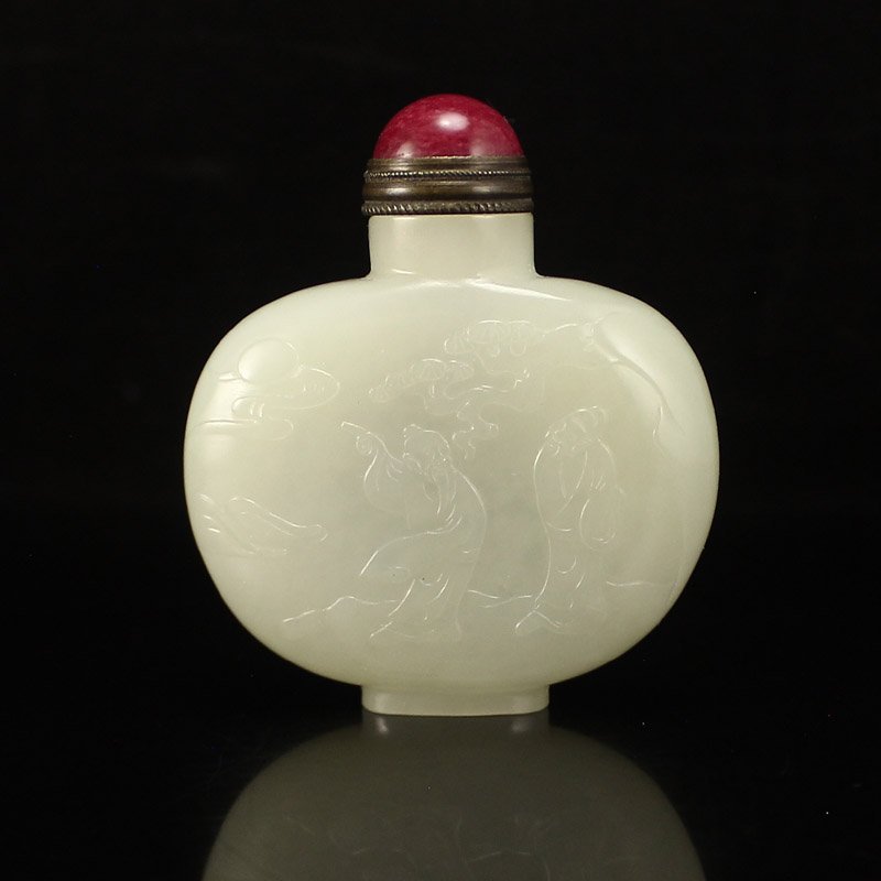 Chinese White Hetian Jade Snuff Bottle w Sages Meeting (1 of 8)