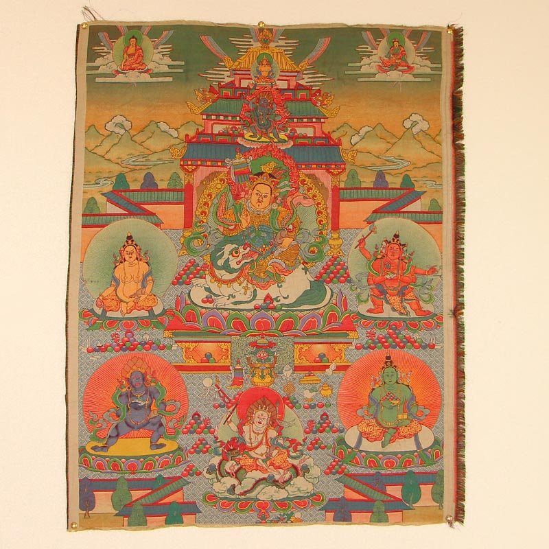 Vintage Tibetan Buddhist Silk Thangka - Yellow Jambhala: 中國清代 西藏 緙絲唐卡 五色財神之 黃財神 Vintage Tibetan Buddhist Silk Thangka - Yellow Jamb