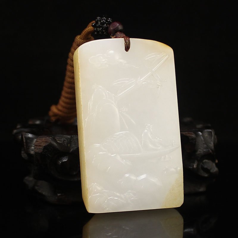 Chinese Hetian Jade Low Relief Pendant - Old Man & Boat (1 of 7)