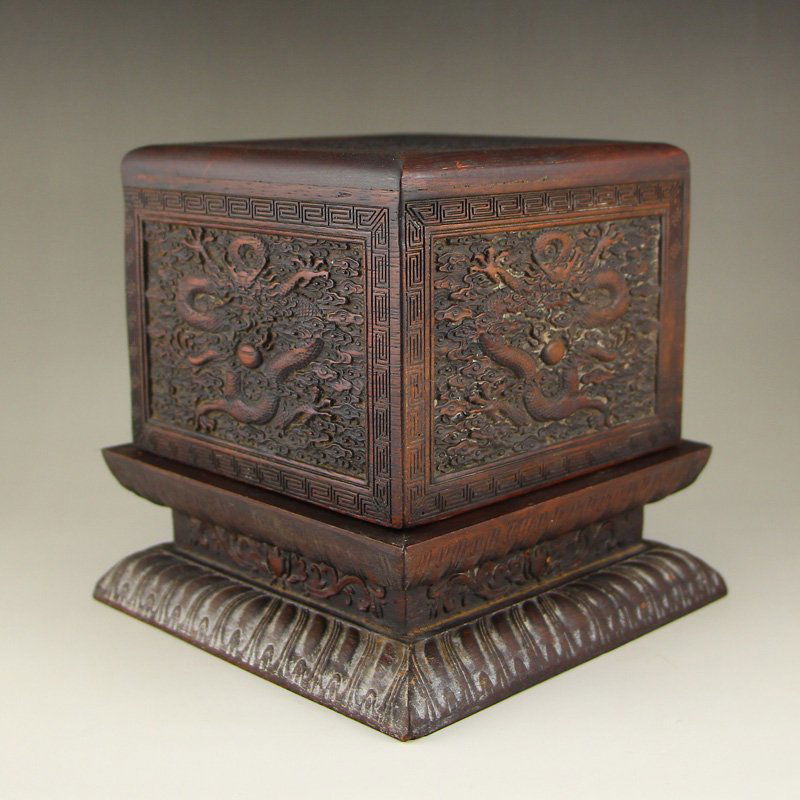 Vintage Chinese Zitan Wood Seal Box w Dragons & Balls (1 of 6)