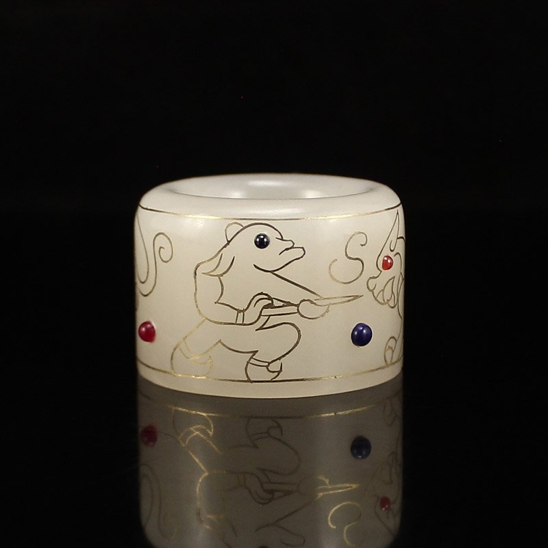 Chinese Hetian Jade Inlay Silver Wire Gemstone Ring (1 of 7)