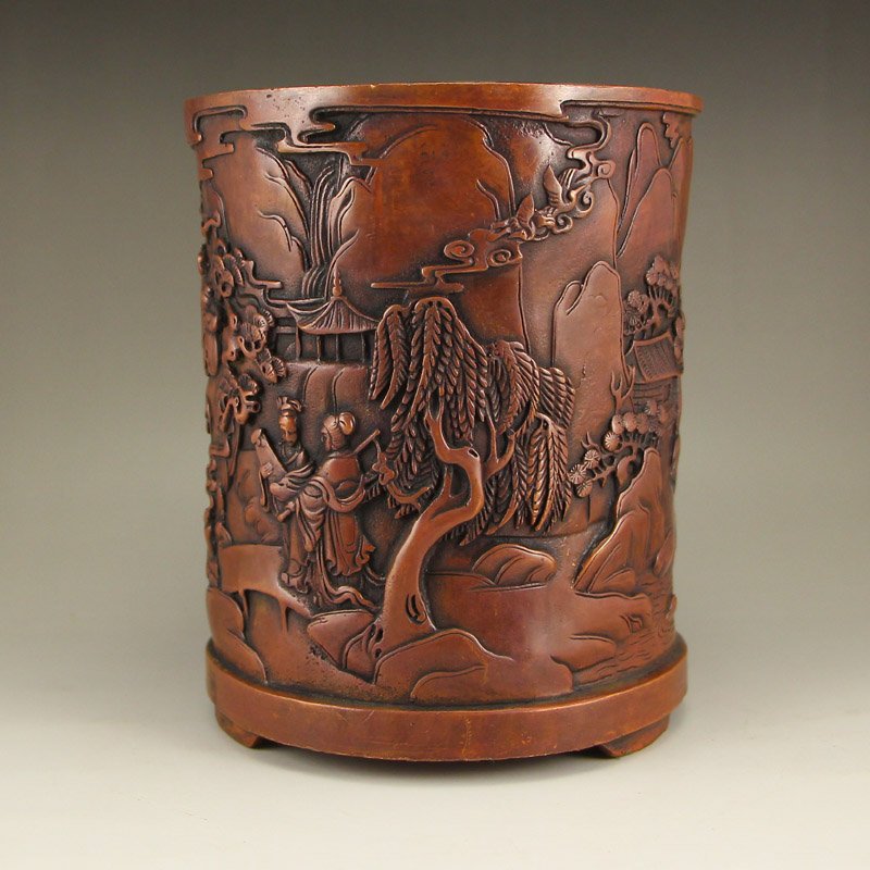 Chinese Red Copper Brush Pot w Sages Meeting (1 of 10)