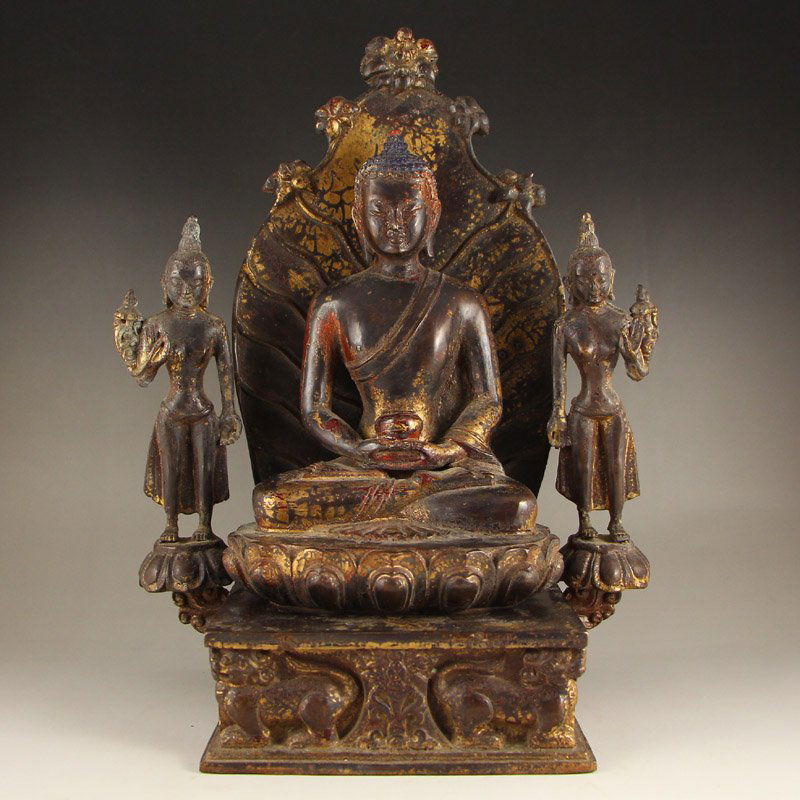Chinese Gilt Gold Bronze Siddhartha Buddha Statue: 中國 北魏時期 鎏金青銅 壹佛貳侍 釋迦牟尼佛 佛像 Chinese Bei Wei Period Gil