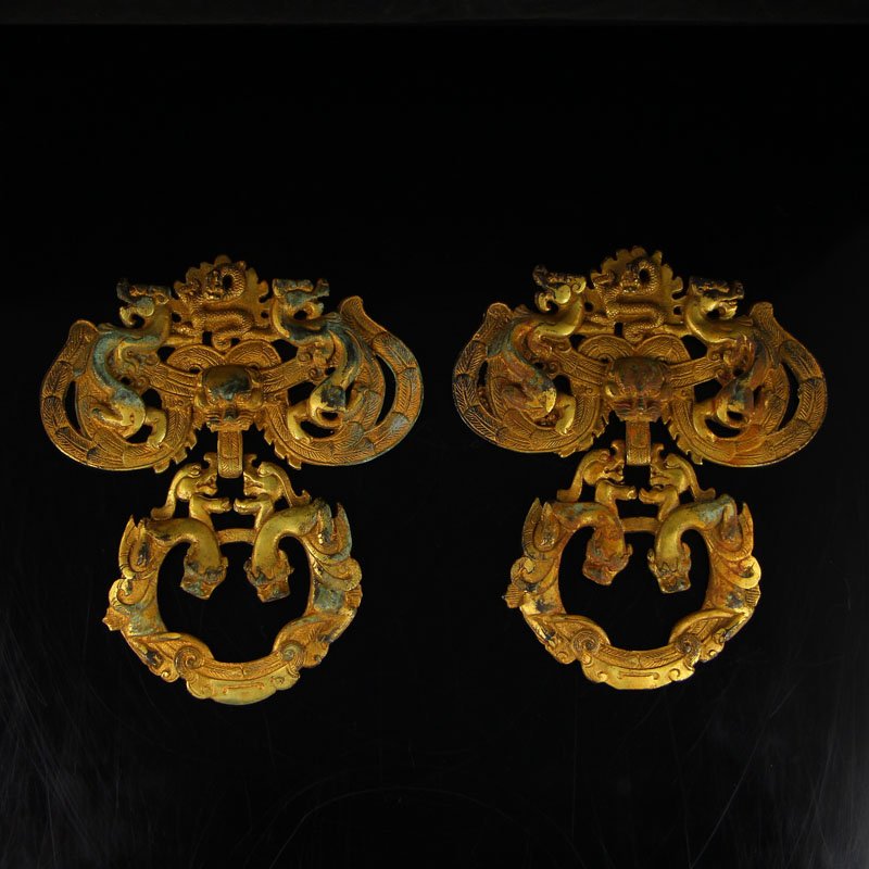 A Pair Chinese Gilt Gold Bronze Dragon Phoenix Doorbell (1 of 8)