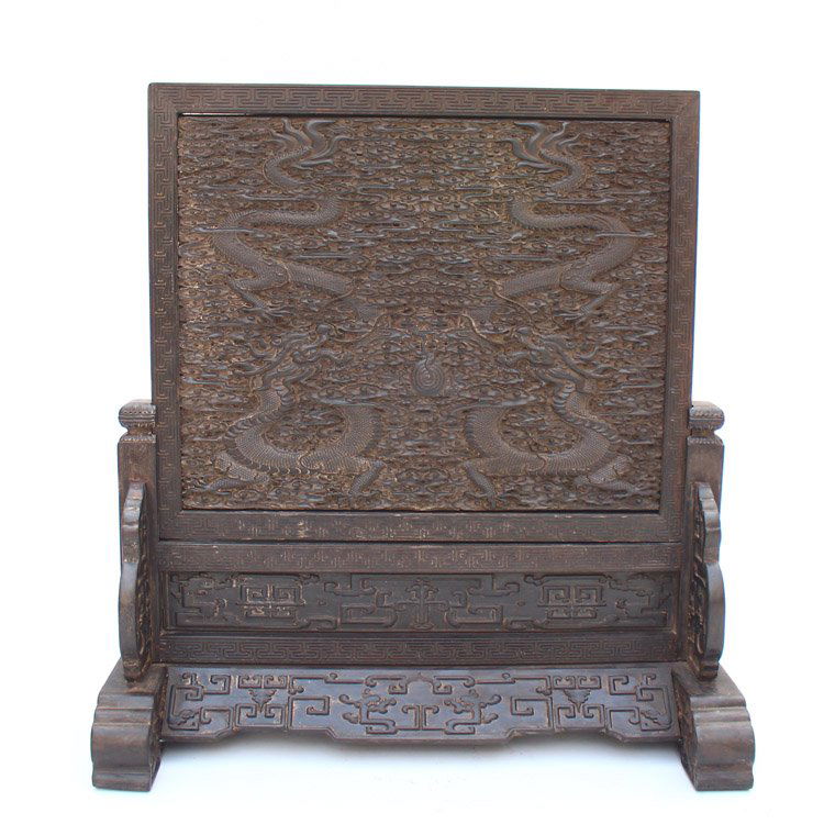 Zitan Wood Low Relief Double Dragon Poetic Prose Screen (1 of 10)