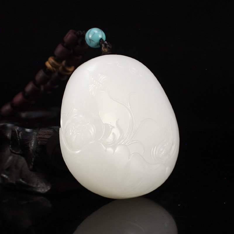 Superb Chinese Hetian Jade Lotus & Dragonfly Pendant (1 of 9)