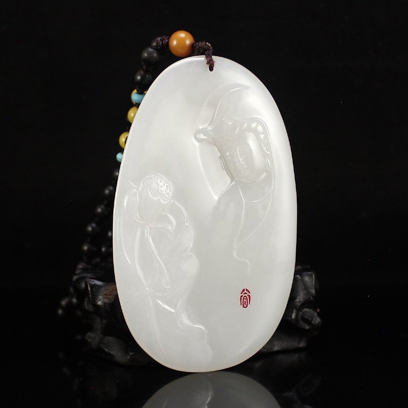 China White Hetian Jade Pendant - Lotus Flower Kwan-yin (1 of 7)