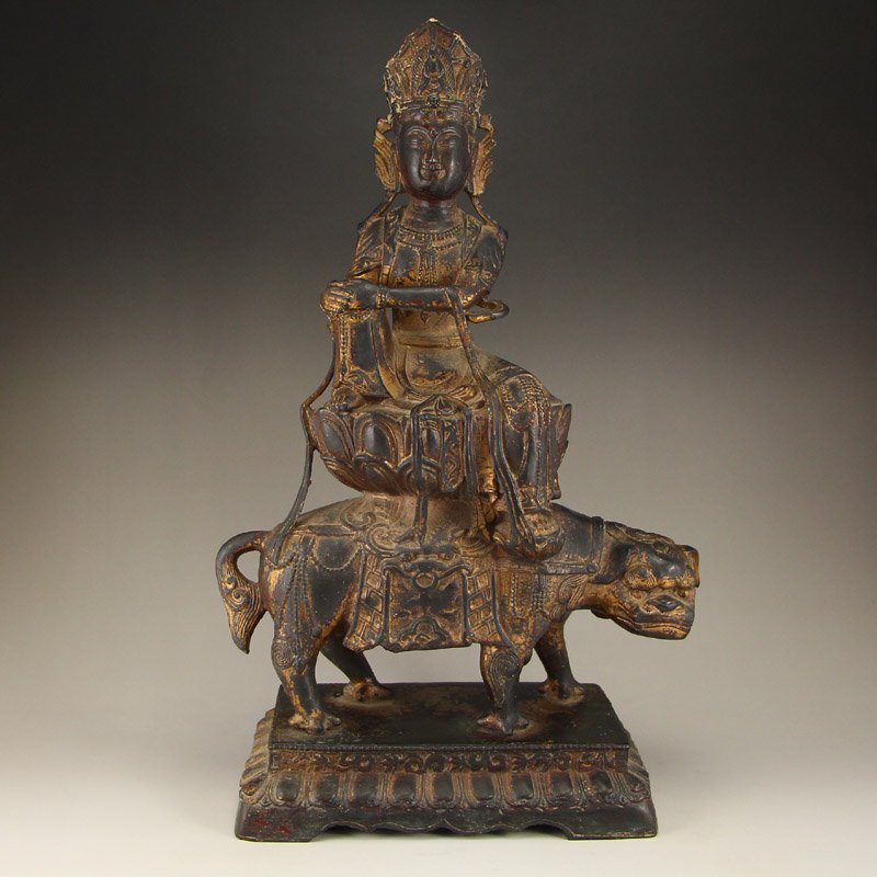 Chinese Ming Dy Buddhist Bronze Manjusri & Lion Statue (1 of 10)