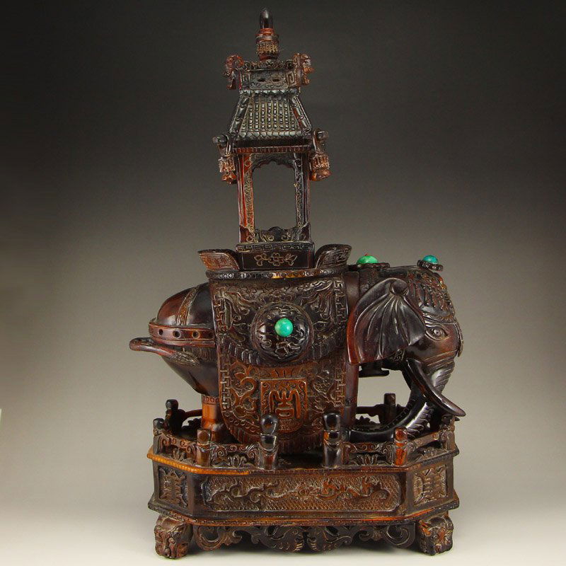 Chinese Qing Dy Ox Horn Inlay Turquoise Elephant Statue (1 of 10)