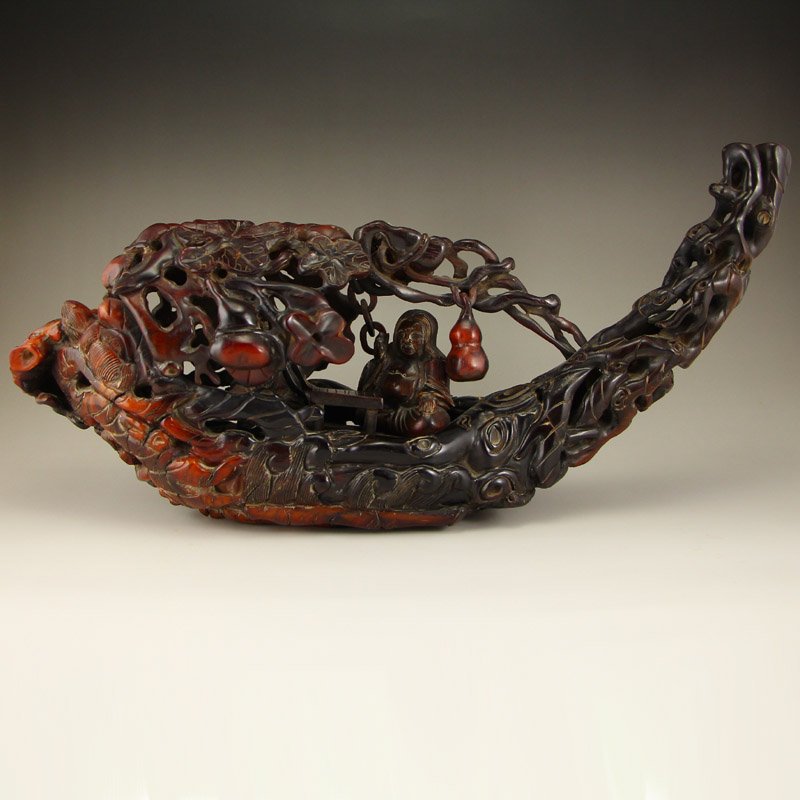 Openwork Chinese Qing Dy Ox Horn Statue - Figure& Boat (1 of 9)