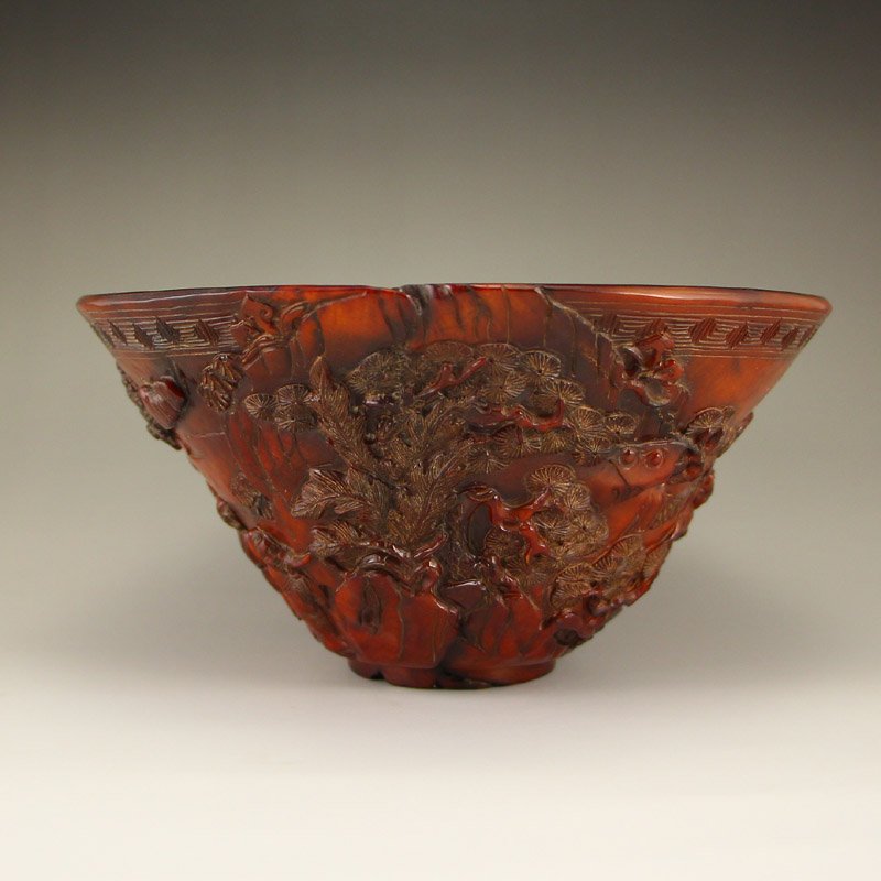 Chinese Qing Dy Ox Horn Low-relief Big Bowl: 中國清代 角雕 松下會友 樂在其中角雕大碗 Chinese Qing Dynasty Ox Horn Low-relief Big Bowl Dim