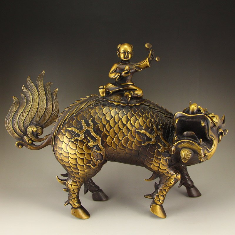 Vintage Chinese Brass Statue - Kylin & Ruyi Kid (1 of 8)
