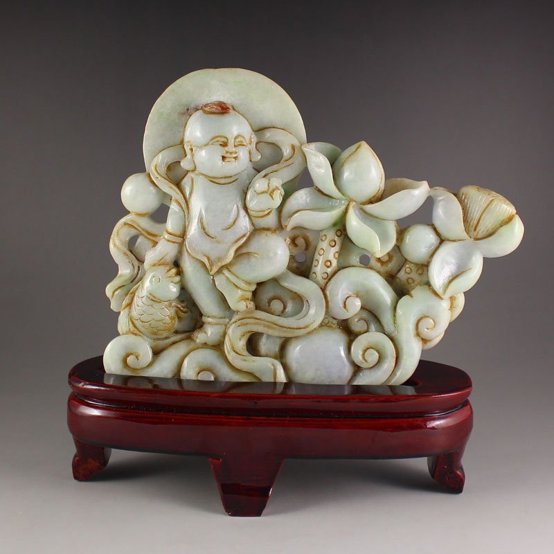 Vintage Jadeite / Jade Statue - Lotus Flower & Kid (1 of 6)