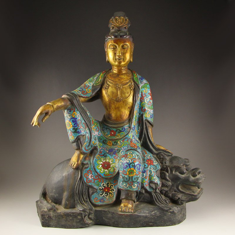 China Gilt Gold Bronze Cloisonne Manjusri Statue (1 of 10)