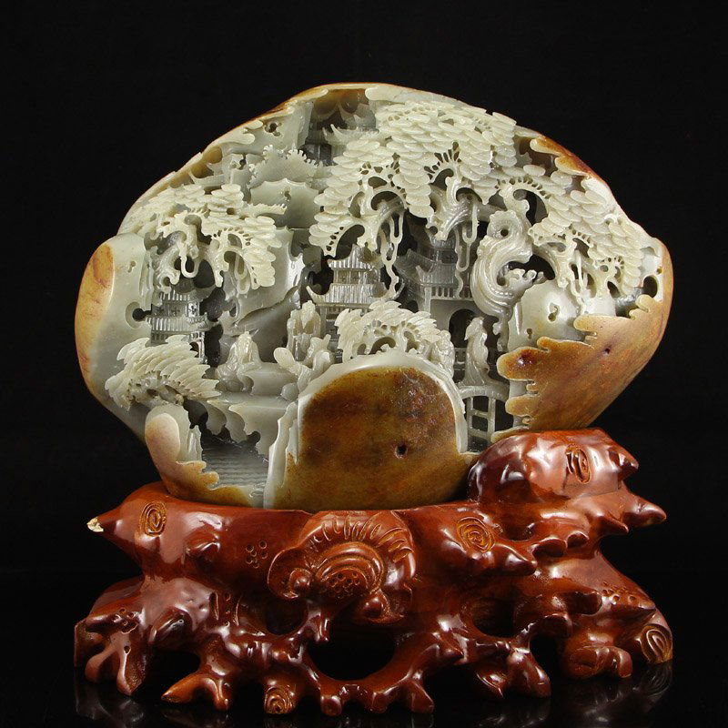 12.8 Kg Chinese Hetian Jade Statue - Pine Tree & Figure (1 of 10)