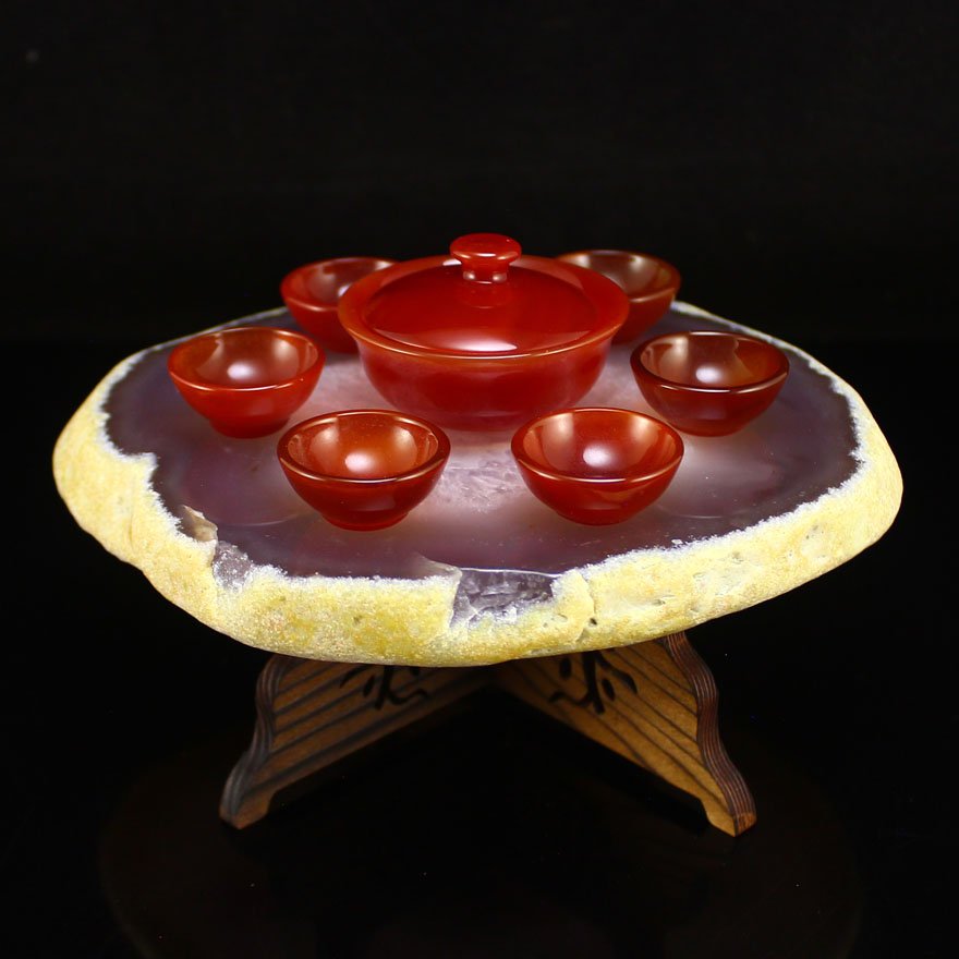 Chinese Red Agate Teabowl & Cup w Water Bile Agate Base (1 of 10)