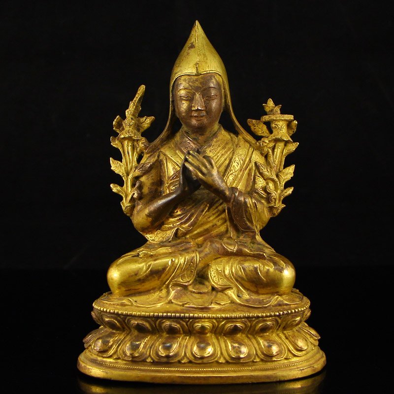 Tibet Buddhist Gilt Gold Bronze Tsongkhapa Statue (1 of 8)