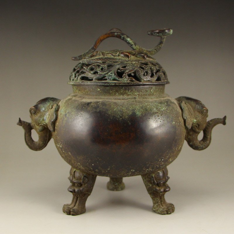 Chinese Bronze Elephant Heads Ruyi Incense Burner (1 of 10)