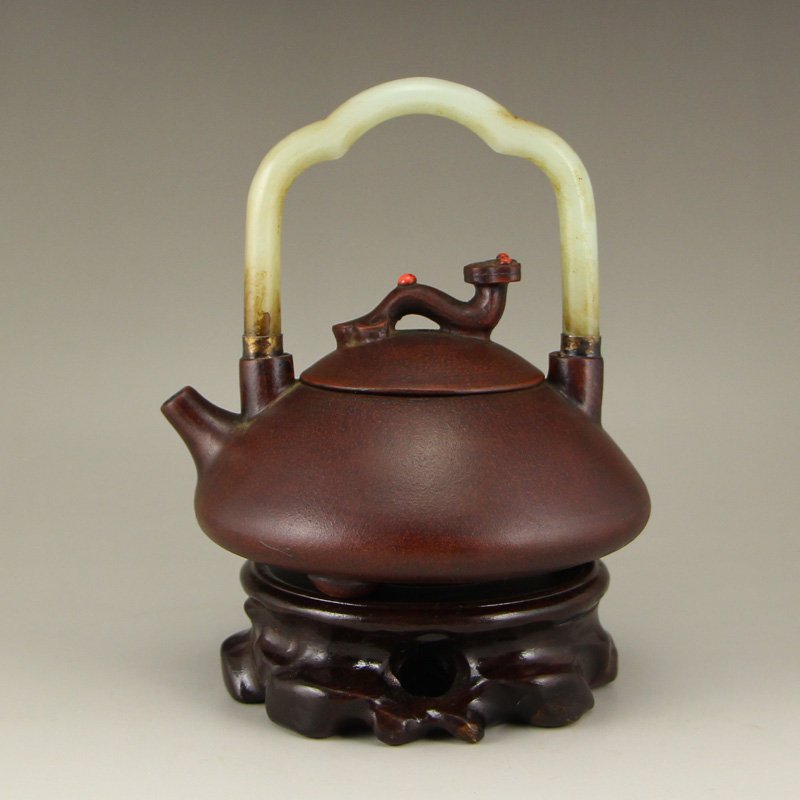 Vintage Chinese Yixing Zisha Clay Inlay Jade Teapot (1 of 7)