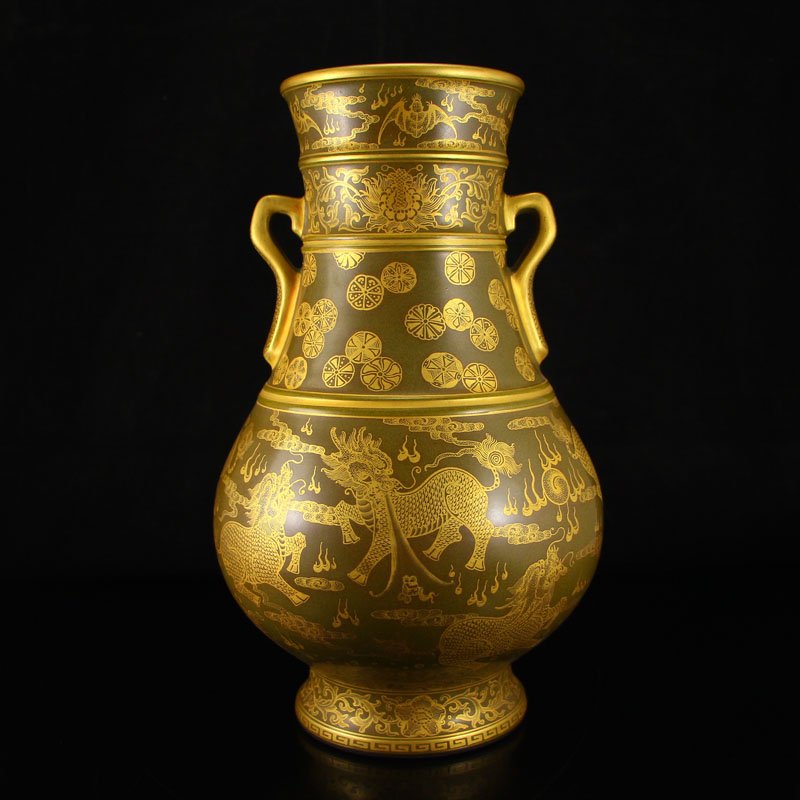 Superb Chinese Gilt Gold Tea Dust Glaze Porcelain Vase (1 of 9)
