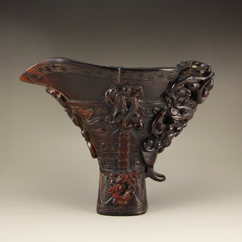 Chinese Qing Dynasty Ox Horn Chi Dragon Sacrificed Cup (1 of 10)