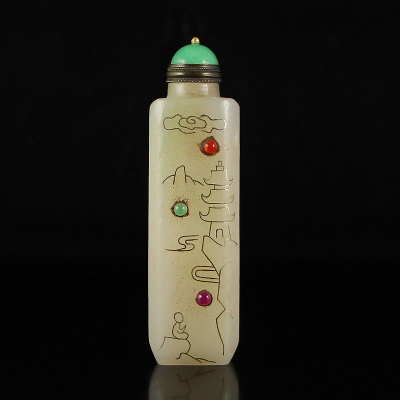 Chinese Hetian Jade Inlay Silver Wire Gem Snuff Bottle (1 of 8)