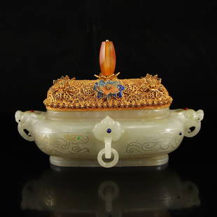 China Hetian Jade Inlay Silver Wire Gem Incense Burner: 中國 和田老玉 掐銀絲 鑲寶石 香爐 金絲琺瑯爐蓋 Vintage Chinese Hetian Jade Inlay