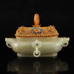 China Hetian Jade Inlay Silver Wire Gem Incense Burner: 中國 和田老玉 掐銀絲 鑲寶石 香爐 金絲琺瑯爐蓋 Vintage Chinese Hetian Jade